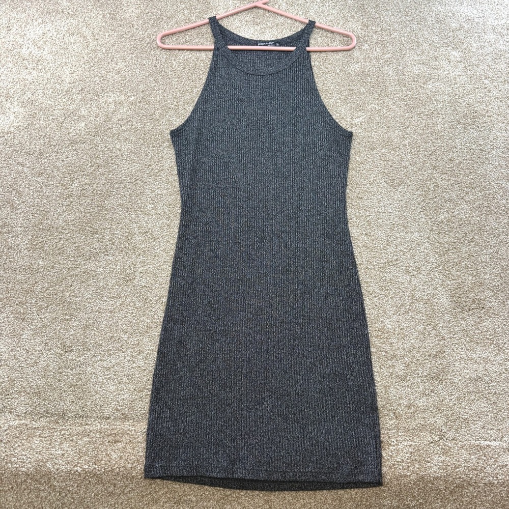 Popular Basics Womens Medium Gray Ribbed Halter Neck Bodycon Mini Dress Layering
